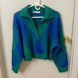 Zara Collared Green and Blue Sweater